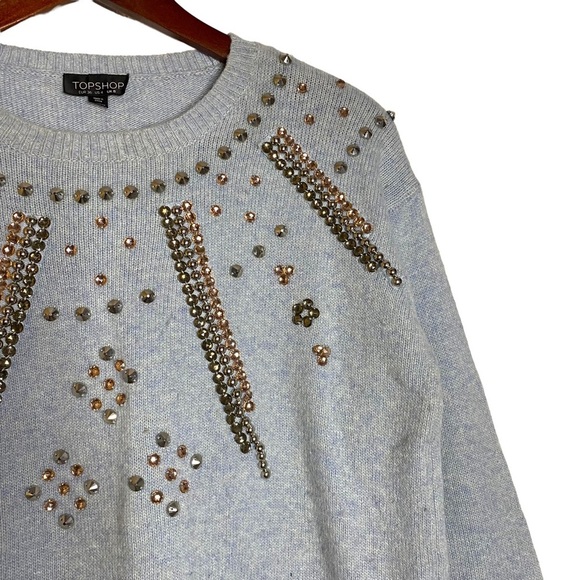 Topshop Heather Blue Long Sleeve Knit Jewel Studded Crewneck Sweater 4 - Picture 7 of 16